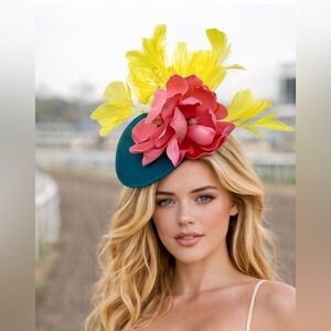 Fun Colorful Floral Fascinator Yellow, Teal and Pink Accents KY Derby Oaks Tea